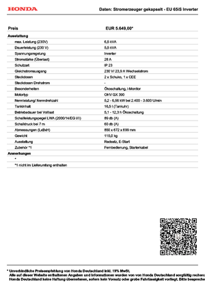 Grupos electrógenos, gasolina Honda EU 65 iS