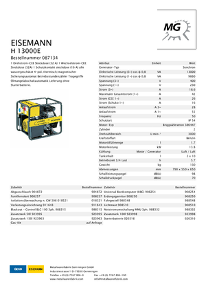 Grupos electrógenos, gasolina Eisemann H 13000 E