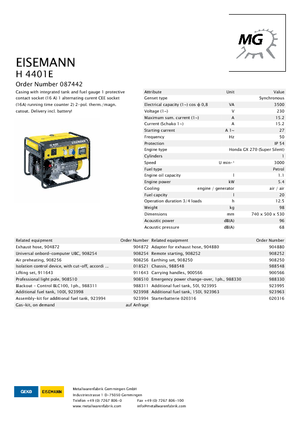 Grupos electrógenos, gasolina Eisemann H 4401 E