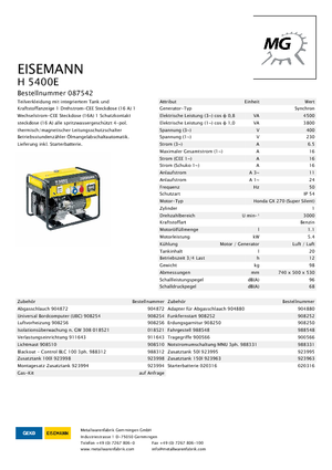 Grupos electrógenos, gasolina Eisemann H 5400  E