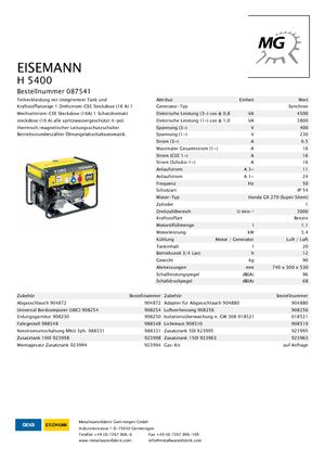 Grupos electrógenos, gasolina Eisemann H 5400