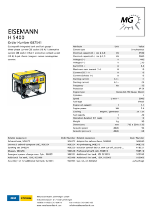Grupos electrógenos, gasolina Eisemann H 5400