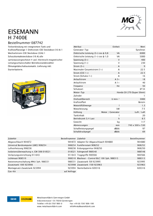 Grupos electrógenos, gasolina Eisemann H 7400 E