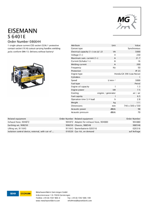 Grupos electrógenos, gasolina Eisemann S 6401 E
