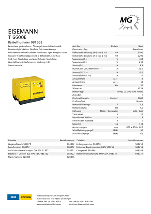 Grupos electrógenos, gasolina Eisemann T 6600 E