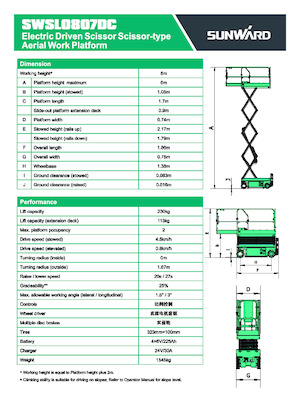 Plataformas de tijeras de ruedas Sunward SWSL 0807 DC